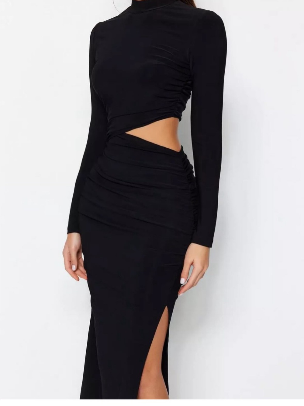 Zara Black Long-Sleeve Cutout Ruched Maxi Dress
